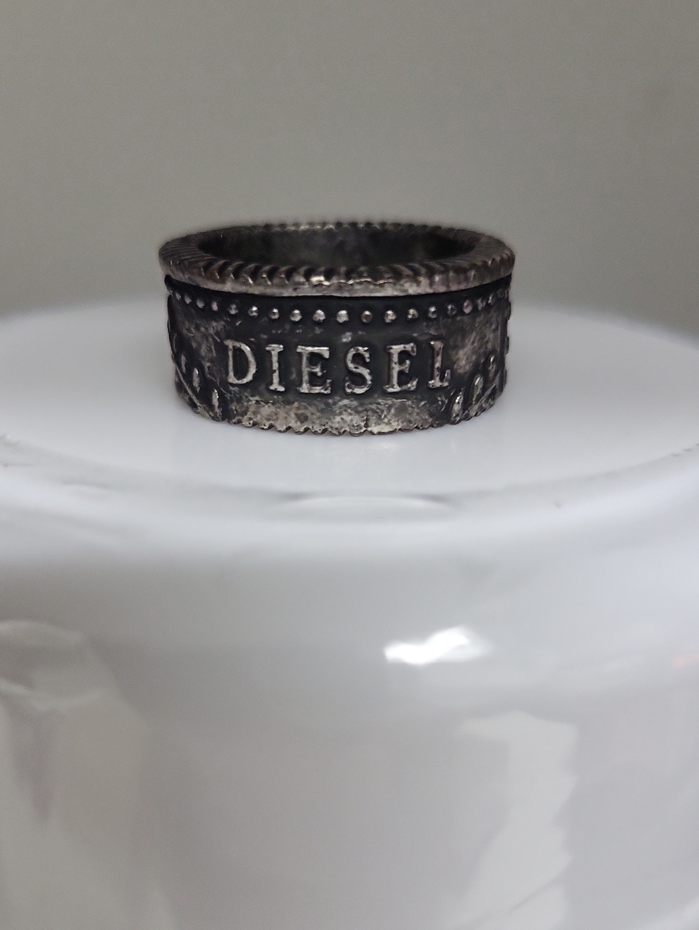 Diesel Distressed Silver Logo Band Ring